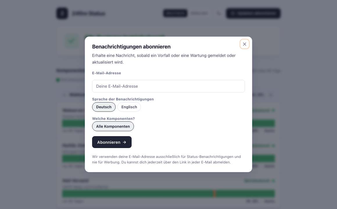 Das Abonnieren-Fenster der Statusseite: E-Mail eintragen und bei Vorfällen und Wartungen benachrichtigt werden