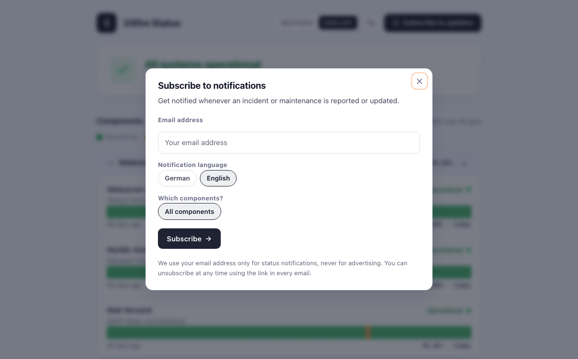 The status page subscribe dialog: enter an email to get notified about incidents and maintenance